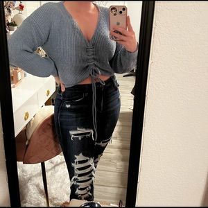 ✨Blue Ruched Knit Crop Sweater✨